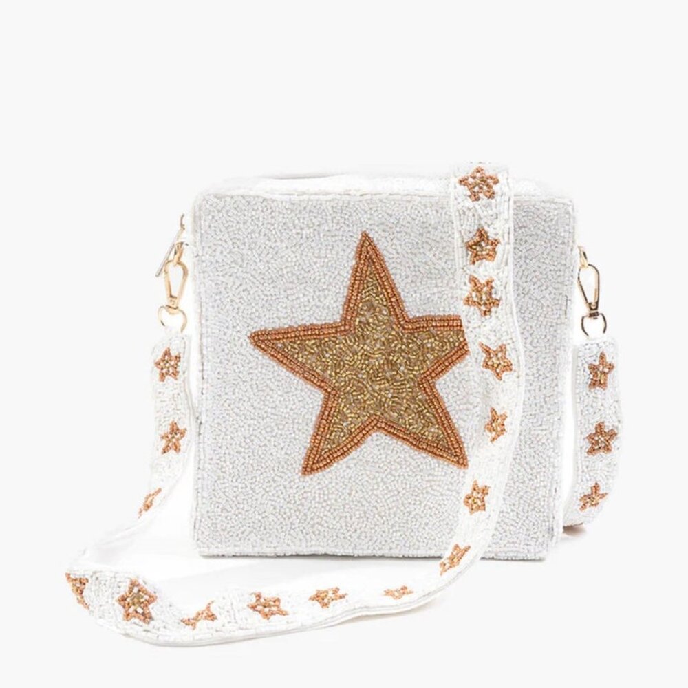Gold Sparkle Star Seed Beaded Crossbody Box Bag with Star Strap Western Boho NEW - Picture 3 of 8